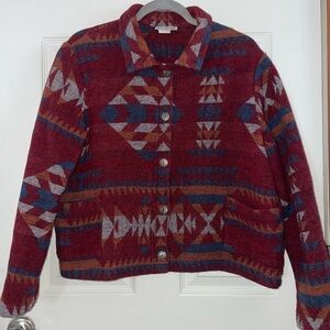 Vintage Southwestern Jacket Aztec Geometric Print Button Down Burgundy Large